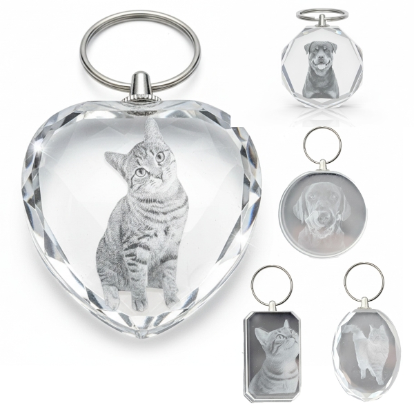 Dein Haustier als 3D Glas-Schlüsselanhänger. Personalisierte Foto Gravur Katze Hund